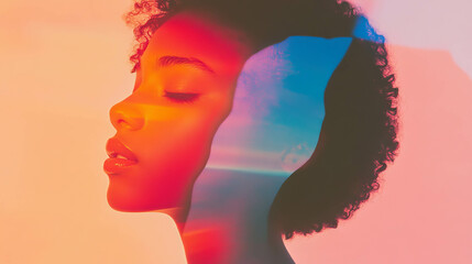 Double exposure portrait of a young person with hopeful expression in vibrant colors