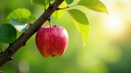 A single ripe red apple hangs from a branch, bathed in sunlight, surrounded by vibrant green foliage in a tranquil orchard setting.