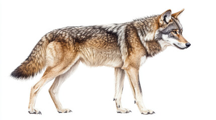 detailed watercolor illustration of eastern wolf with intricate shading white background. wolf fur is depicted with realistic textures and natural colors, showcasing its majestic and wild nature