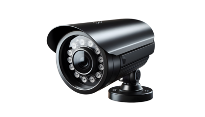 Black bullet security camera with infrared LEDs and night vision on transparent background, security camera isolated on white, camera png