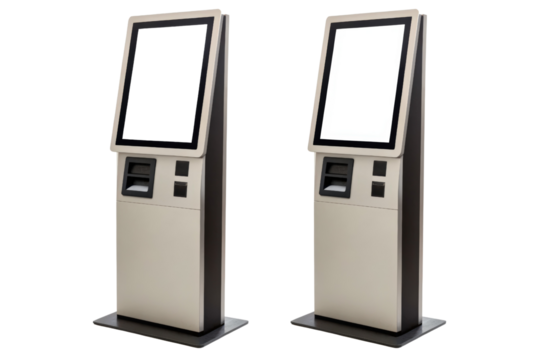 Interactive self-service kiosks with touch screens isolated with transparent background