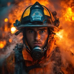 Brave firefighter in protective gear standing amid smoke and flames
