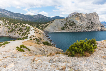 Views from the Golitsyn Trail - a mountain trail carved on the slope of Mount Koba-Kaya, located along the coastline southwest of the village of Novy Svet, Crimea, Russia