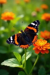 Fototapeta premium A vibrant red admiral butterfly delicately perched on an orange flower, amidst a lush green garden, basking in the warm sunlight.