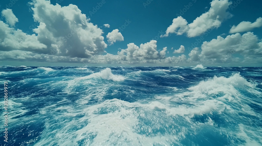 Poster majestic ocean waves crashing with white foam under a vast cloudy sky