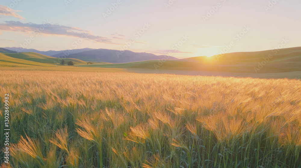 Poster golden sunset over a vast wheat field with rolling hills in the distance