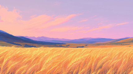 Scenic wheat field swaying in the wind during a golden sunset