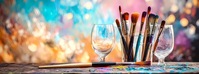 Fototapeta premium Colorful Artistic Composition with Brushes and Wine