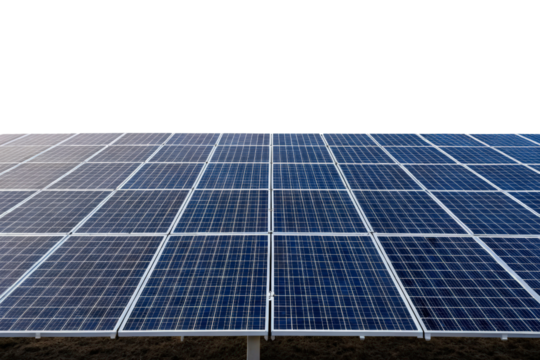 Large solar panel field for renewable energy isolated with transparent background