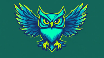 Fototapeta premium Vibrant Teal Owl with Spread Wings Digital Art Mascot Gaming Logo Design