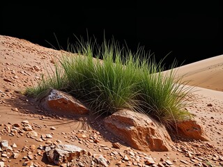 Grass sprouting in rocky light brown compact dune with texture on plain black background