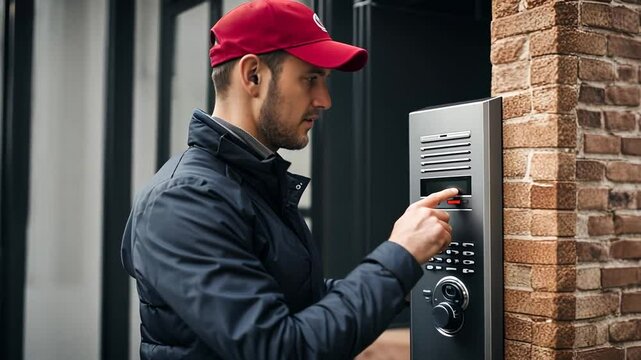 Technician replacing a video intercom in a building.