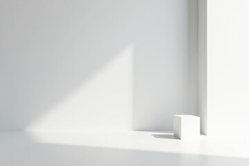 Obraz premium A minimalist white room with a single cube bathed in sunlight, offering a clean and simple backdrop for product display or design inspiration.