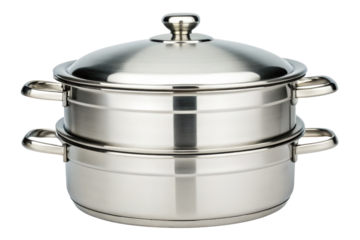 Stainless steel steamer pot with two tiers isolated with transparent background