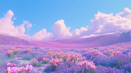 Serene lavender and pink flower field under cloudy blue sky