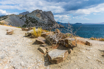 Views from the Golitsyn Trail - a mountain trail carved on the slope of Mount Koba-Kaya, located along the coastline southwest of the village of Novy Svet, Crimea, Russia