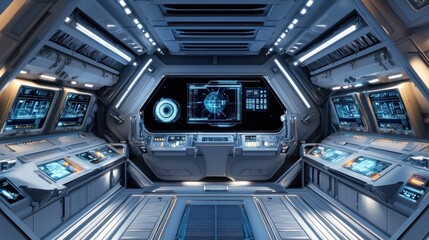 Obraz premium Futuristic Spaceship Bridge: Advanced Technology and Stellar Navigation