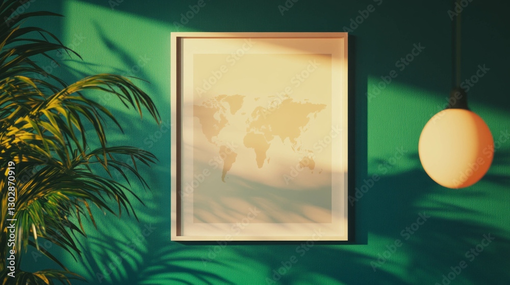 Poster artistic world map design in white frame with shadowed green wall and foliage