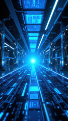 Futuristic Ci/Cd Data Center with Blue Neon Technology Aesthetic