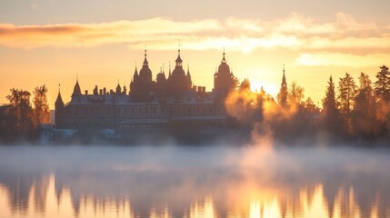 Obraz premium Mystical Castle Sunrise Reflections in Foggy Lake Landscape Scenery