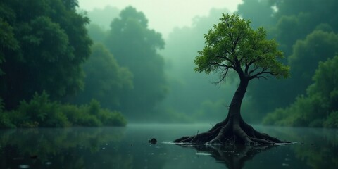 Solitary Tree on Misty Lake, Tranquil Nature Scene, Serene Environment, Lush Foliage, Peaceful Atmosphere