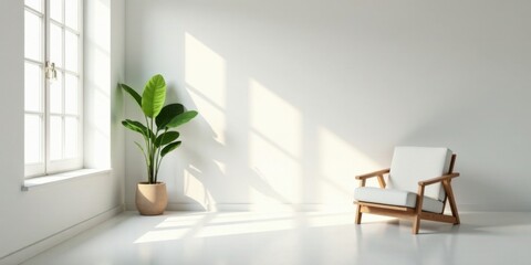 Fototapeta premium Serene Minimalist Interior Design Featuring a Comfortable Armchair and Lush Potted Plant Basking in Sunlight Through a Bright Window