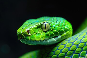 Fototapeta premium Close-up of a vibrant green snake with intricate scales, showcasing its unique eye in a dark, natural habitat