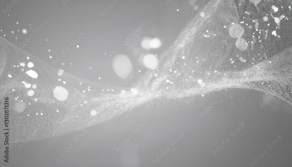 Poster abstract digital wave of white particles on a gray background, glowing dust with a dynamic flow, futuristic data visualization

