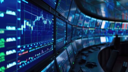 Fototapeta premium Multiple Monitors Displaying Financial Market Data in Trading Room