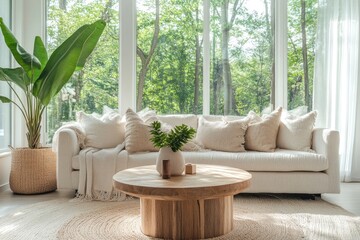 Sunlit living room with white sofa, wooden coffee table, and large windows overlooking lush greenery.
