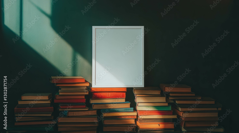 Aufkleber white frame displayed on colorful book stack in sunlit room