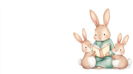 Obraz premium mother bunny reads bedtime story to her two baby bunnies, creating warm and cozy scene