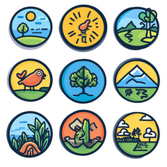 Nature Icon Collection: Trees, Birds, Mountains, and Landscapes Graphics