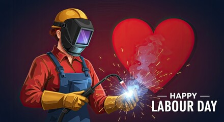 Labor Day Artisan: An artisan, clad in protective gear, diligently welds a heart shape as a symbol of Labor Day. Capturing the essence of hard work and dedication.