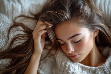Fototapeta premium Young woman peacefully resting on a cozy bed with soft blankets during a quiet afternoon at home