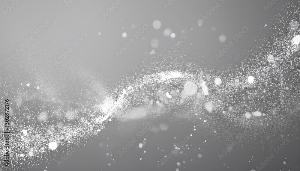 Poster abstract digital wave of white particles on a gray background, glowing dust with a dynamic flow, futuristic data visualization

