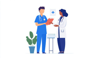 doctor and nurse discussing patient care in hospital setting, with medical equipment nearby