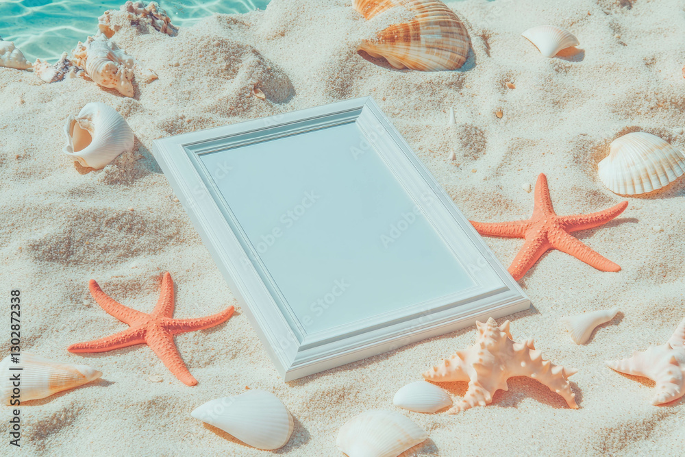 Poster seaside art: white frame on sandy beach with starfish and seashells for creative display
