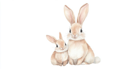 Obraz premium watercolor illustration of mama bunny with her baby, showcasing their soft fur and gentle expressions. artwork captures tender bond between two rabbits, set against white background