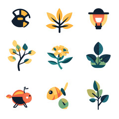Fototapeta premium Stylized Plant and Animal Icon Set with Flower, Fish, and Lantern Design
