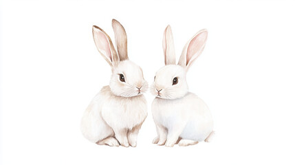 Two adorable rabbits sit side by side, showcasing their fluffy white fur and long ears in this charming animal illustration