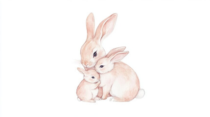 Fototapeta premium gentle illustration of mother bunny cuddling her two baby bunnies, showcasing tenderness and warmth