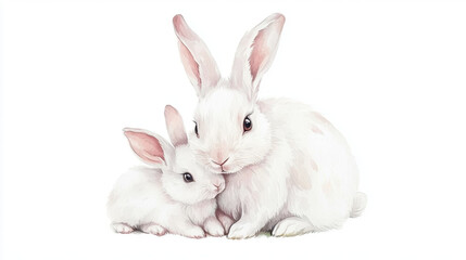 Obraz premium mother bunny lovingly cuddles her baby in this adorable animal illustration, showcasing their soft white fur and gentle expressions