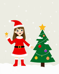 smiling girl in a santa dress holding a star next to a decorated christmas tree