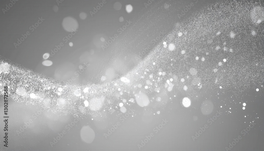 Poster abstract digital wave of white particles on a gray background, glowing dust with a dynamic flow, futuristic data visualization

