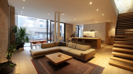 Fototapeta premium Modern open-plan living space with exposed brick and large windows. Ideal for showcasing contemporary interior design, architecture, and real estate.