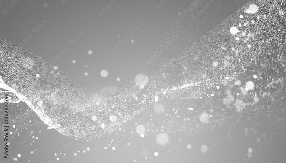 Poster abstract digital wave of white particles on a gray background, glowing dust with a dynamic flow, futuristic data visualization

