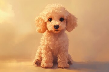 A cute beige poodle sitting gracefully, The dog has big, expressive eyes and a playful, charming expression, with soft, curly fur detailed in a whimsical