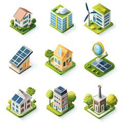Isometric Sustainable Energy Homes and Buildings Concept on White Background