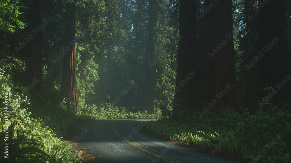 Poster serene journey through a redwood forest amidst towering trees